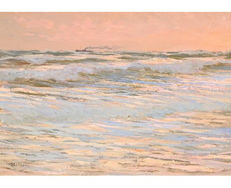 GIORGIO BELLONI (ITALIAN 1861-1944) PINK LIGHT ON THE SEA Oil on panel  Signed (lower left) 25.5 x 36cm (10 x 14 in.)   Condi