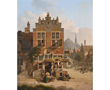 JAN HENDRIK VERHEYEN (DUTCH 1778-1846) A DUTCH TOWN WITH FIGURES BY A MEAT STALL Oil on canvas 62.5 x 53cm (24½ x 20¾ in.)  P