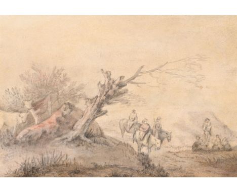 THOMAS GAINSBOROUGH (BRITISH 1727-1788) TRAVELLERS AND CATTLE IN A LANDSCAPE Watercolour 18.5 x 26.4cm (7¼ x 10¼ in.)This pre