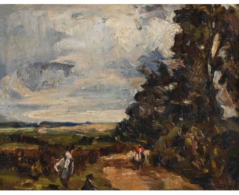 FOLLOWER OF JOHN CONSTABLE COUNTRY ROAD WITH FIGURES UNDER A WINDSWEPT SKY Oil on panel 27 x 35cm (10½ x 13¾ in.)   Condition