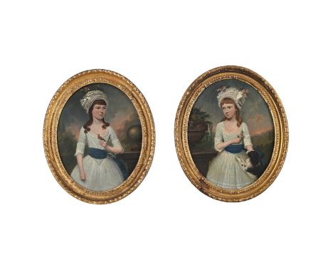 ENGLISH SCHOOL (18TH CENTURY) GIRL WITH A ROBIN; GIRL WITH A DOG Oil on panel, oval, a pair 23.5 x 19cm (9¼ x 7¼ in.) (2)   C