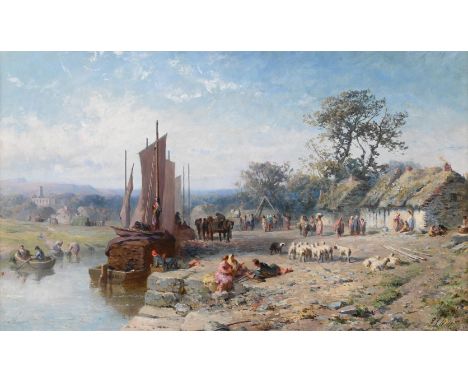 JAMES JOHN HILL (BRITISH 1811 - 1882) THE HAY BARGE Oil on canvas  Signed (lower right), further signed (to stern of boat) 29