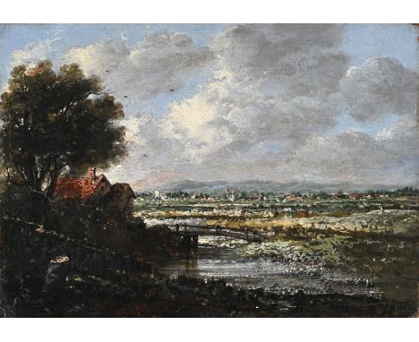 FOLLOWER OF JOHN CONSTABLE RIVER LANDSCAPE Oil on board 21 x 28.5cm (8¼ x 11 in.) Unframed   Condition Report:  Surface crack