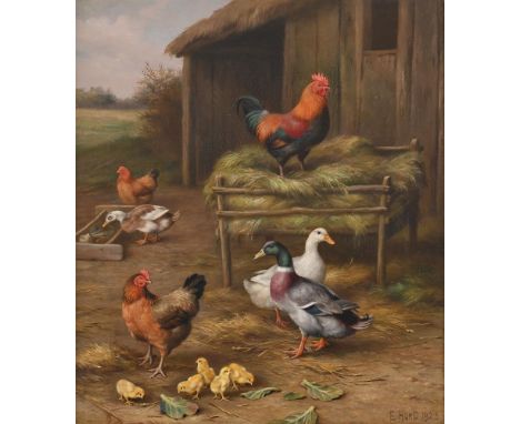 λ &nbspEDGAR HUNT (BRITISH 1876-1953) A COCKERAL WITH HENS, DUCKS AND CHICKS IN A FARMYARD Oil on canvas Signed and dated '19