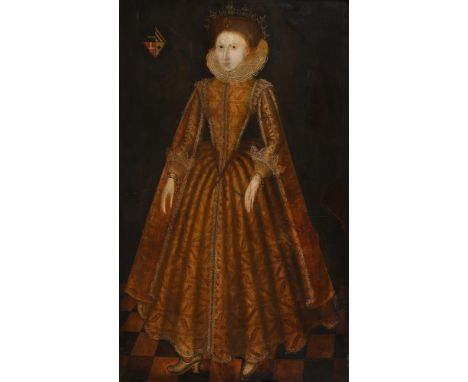 ENGLISH SCHOOL (CIRCA 1600) PORTRAIT OF AN ELIZABETHAN LADY WITH LACE COLLAR Oil on panel Inscribed with a coat of arms (uppe