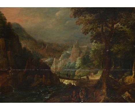 FOLLOWER OF PIETER BRUEGHEL THE ELDER TRAVELLER ON A TRACK IN A ROCKY GORGE  Oil on panel 46 x 64cm (18 x 25 in.)   Condition