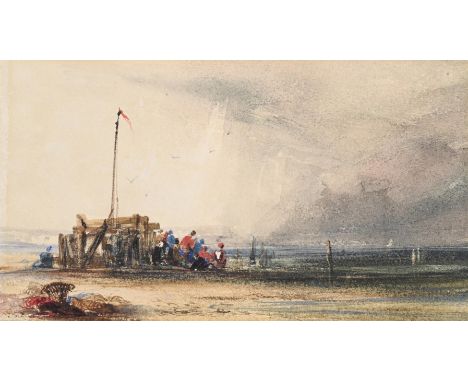 THOMAS SHOTTER BOYS (BRITISH 1803-1874) BREAKWATERS ON A NORMANDY BEACH Pencil, watercolour, gum arabic, bodycolour and with 