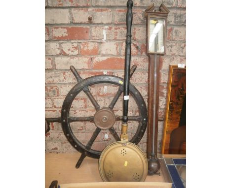 ships wheel ,bedwarmer &amp; a stick barometer