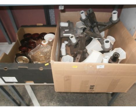 2 boxes inc. wooden light fittings, clock & ruby glass etc