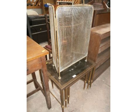 nest of brass & glass tables & firescreen