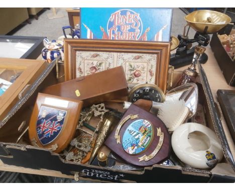 box of collectables inc. brass leather tie box, tiled tray etc