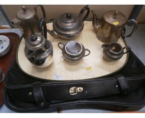 vintage suit bag & tray of silver plated metalware