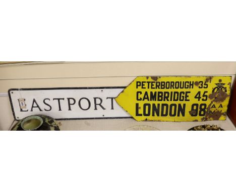 An AA enamel road distance sign, together with an Easyport Lane road-sign, 112cm wide