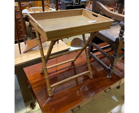 A faux bamboo caned butler's tray on folding stand, width 60cm, depth 43cm, height 68cm