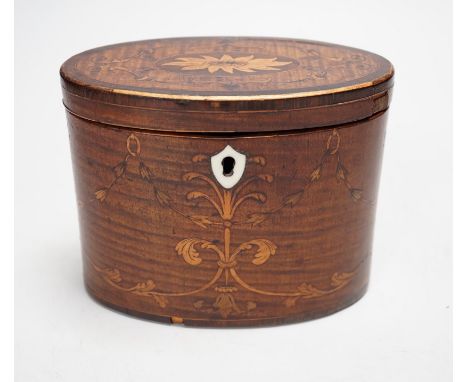 A George III oval harewood and marquetry tea caddy, c.1790, 12cms high x 15cms wide Ivory submission reference: 4P8Z7VRR