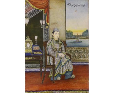 Indian school, miniature watercolour, Portrait of the Nawab of Oudh, riverscape beyond, 29.5 x 20cm