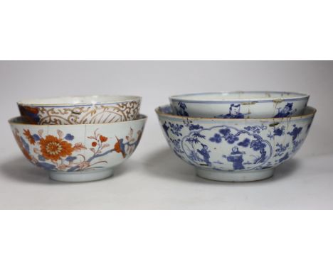 Four 18th century Chinese bowls, one painted in underglaze blue with the eight immortals, with six character Qianlong seal ma