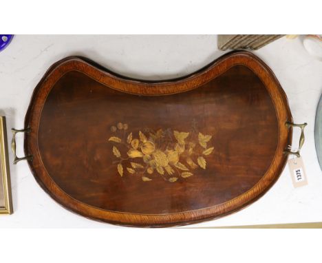 An Edwardian kidney shape mahogany and marquetry tray. 65cm wide