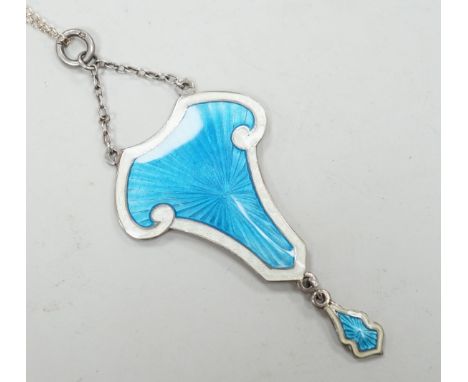 An Edwardian Art Nouveau silver and two colour enamel drop pendant necklace, J. Aitken &amp; Son, Birmingham, 58cm.