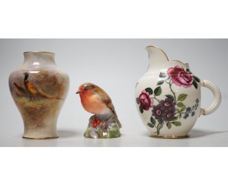 A Royal Worcester James Stinton vase with pheasant decoration, together with a Royal Worcester jug and a Royal Worcester robi