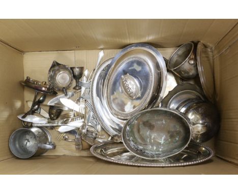 A small collection of plated wares, including an oval tray, an entree dish and cover, cutlery etc.