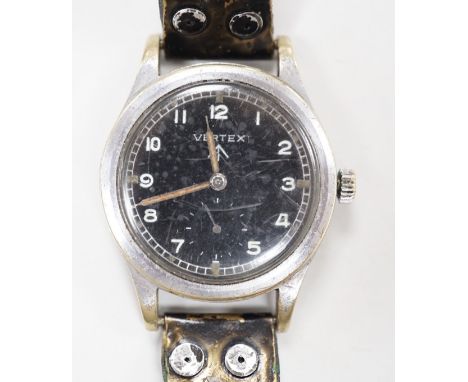 A gentleman's 1940's/1950's military issue steel Vertex manual wind black dial wrist watch (one of the 'dirty dozen' watches)
