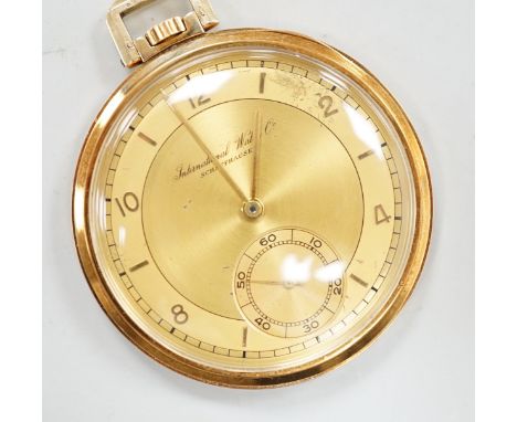 A 585 yellow metal IWC open faced keyless dress pocket watch, 44mm, gross 50.3 grams.