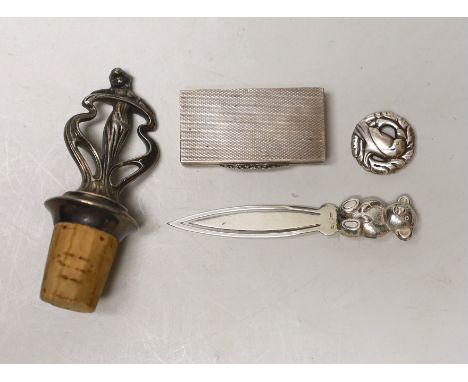 An Art Nouveau metal mounted cork stopper, a  Georg Jensen sterling brooch, no. 191, an  engine turned silver box and novelty