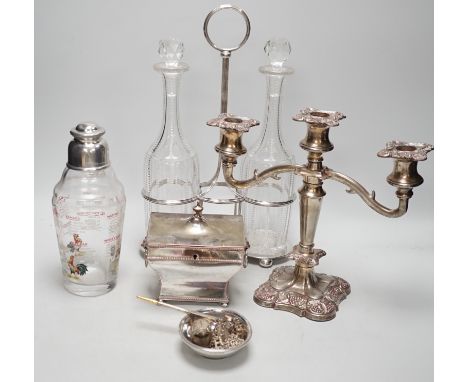 Assorted plated items including a decanter stand with two bottles, by Hukin &amp; Heath and a tea caddy etc.
