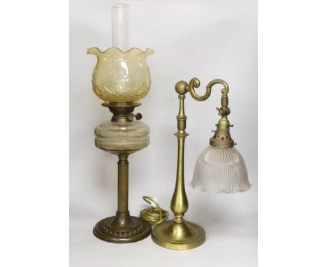 An Edwardian brass desk lamp with glass shade and a Victorian  brass columned oil lamp with shade, oil lamp 65cms high