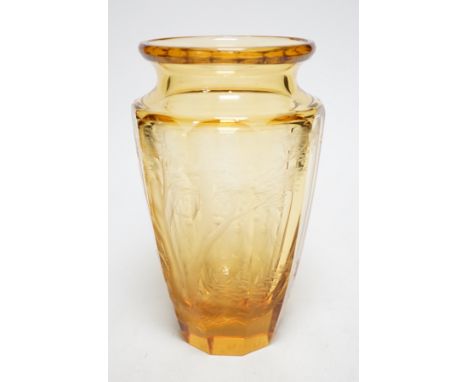 A Moser wheel engraved amber glass vase, 22cm