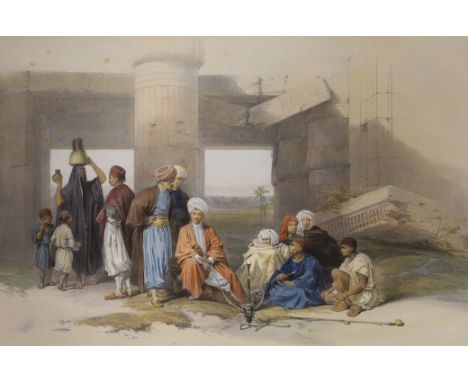 David Roberts RA, hand-coloured lithograph, 'Entrance to the Temple of Amun, Thebes', visible sheet, 37 x 49cm