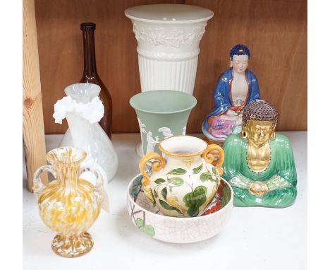 Three glass vases and an engraved bottle, two ceramic budai,  Wedgwood Etruria vase, a jasper ware vase etc (10), Etruria vas