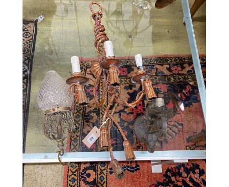 A painted metal faux rope twist three branch wall light, height 70cm, together with a cut glass ceiling pendant and a wrought