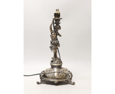 A late 19th century German 800 standard figural table lamp base, by Bruckmann &amp; Sohne, height 37cm, gross weight 27.9oz.