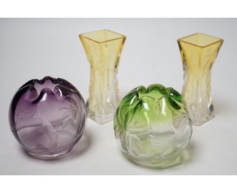 Two pairs of Moser wheel engraved coloured glass posy vases. Tallest 10cm