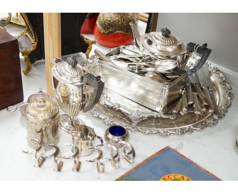 Hukin and Heath silver plated tray, another similar tray, cutlery, tea pot and coffee pot etc