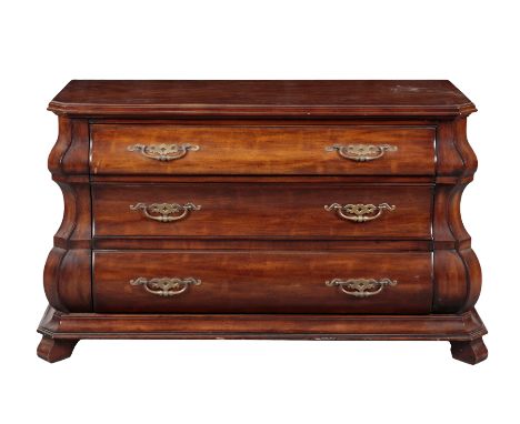 WHITE FINE FURNITURE: A WALNUT SERPENTINE FRONTED COMMODE 20th Century, with bold side brackets and fitted three drawers with