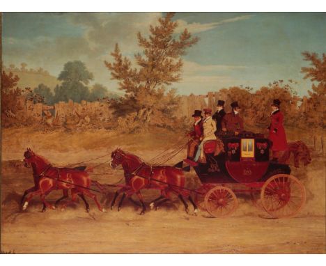 FIDELIS: A REPRODUCTION AFTER  JAMES POLLARD (1792-1867), 'THE EXETER ROYAL MAIL ON A COUNTRY ROAD' copied by Theresa Jordan,