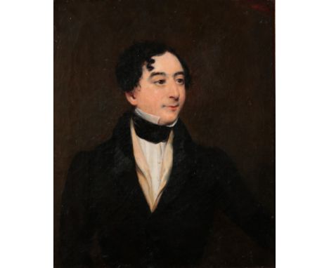 19TH CENTURY SCHOOL, PORTRAIT OF A YOUNG MAN with black curly hair and wearing black neckerchief, oil painting, 30cm x 25.5cm