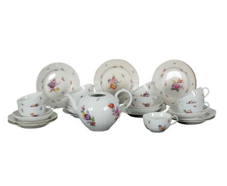 A 20TH CENTURY MEISSEN PORCELAIN PART TEA SERVICE decorated with floral sprays and insects on a spiralled white ground with b