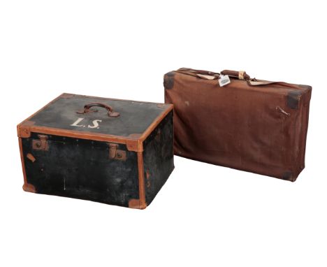 A LEATHER SUITCASE BY DREW & SONS, LONDON complete with cover, initialled G.L.S, and another piece of vintage luggage, initia