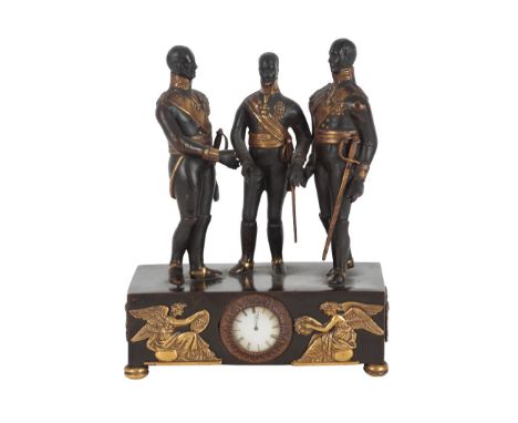 A CONTINENTAL, PROBABLY GERMAN,  BRONZE AND GILT BRONZE TIMEPIECE CLOCK early 19th century, depicting three standing soldiers