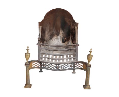 A GEORGE III STYLE SERPENTINE FRONTED FIRE GRATE the reeded brass front columns with urn finials, 85cm high x 75cm wide x 45c