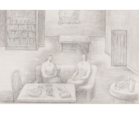 HENRY MOORE (1898-1986), INTERIOR SCENE WITH TWO SEATED LADIES print of a limited edition print, 19cm x 29cm, bears printed s