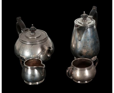 A GEORGE V SILVER FOUR-PIECE BACHELORS SILVER TEA SERVICE by Harrods, London, 1936, with ebonised finials and handles and pla