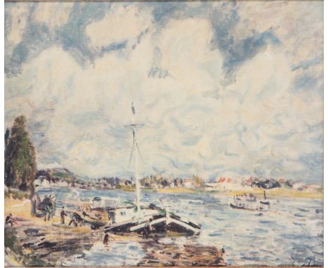 FIDELIS: A REPRODUCTION AFTER ALFRED SISLEY (1839-1899) copied by Elizabeth Petrie, colour print on canvas, 37cm x 45cm, in g