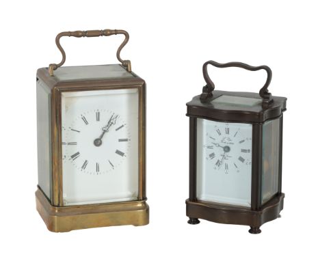 A L'EPÃ‰E BRASS FRENCH CARRIAGE CLOCK with key-wind movement, the white enamel dial with black Roman numerals and dark blue s