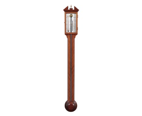 A MODERN MAHOGANY STICK BAROMETER BY RUSSELL OF NORWICH with angled pediment, silvered scale, boxwood strung case and turned 