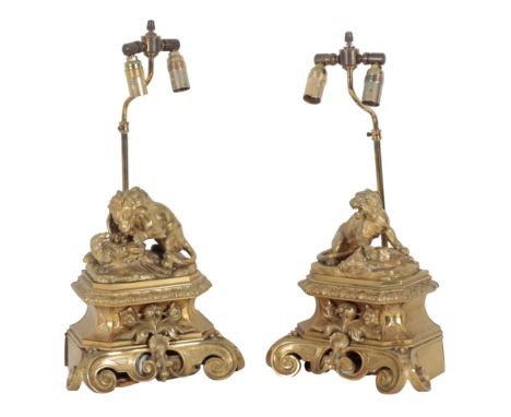 A PAIR OF GILT METAL ADJUSTABLE DESK LAMPS OF 19TH CENTURY FRENCH DESIGN 20th Century, each with twin sconces and modelled re